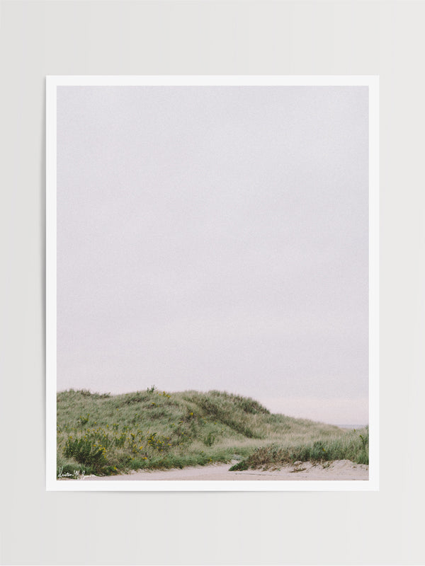 "The Coast is Calling" photo print of beach dunes in coastal New England on a gray, overcast day. Photographed by Kristen M. Brown of Samba to the Sea for The Sunset Shop.