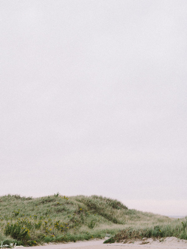 "The Coast is Calling" photo print of beach dunes in coastal New England on a gray, overcast day. Photographed by Kristen M. Brown of Samba to the Sea for The Sunset Shop.