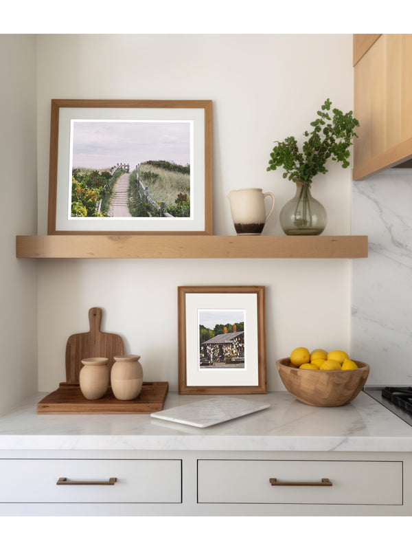 "The Lobstah Pound" photo print of Cape Neddick Lobster Pound in Maine framed print hanging in serene kitchen. Photographed by Kristen M. Brown of Samba to the Sea for The Sunset Shop.