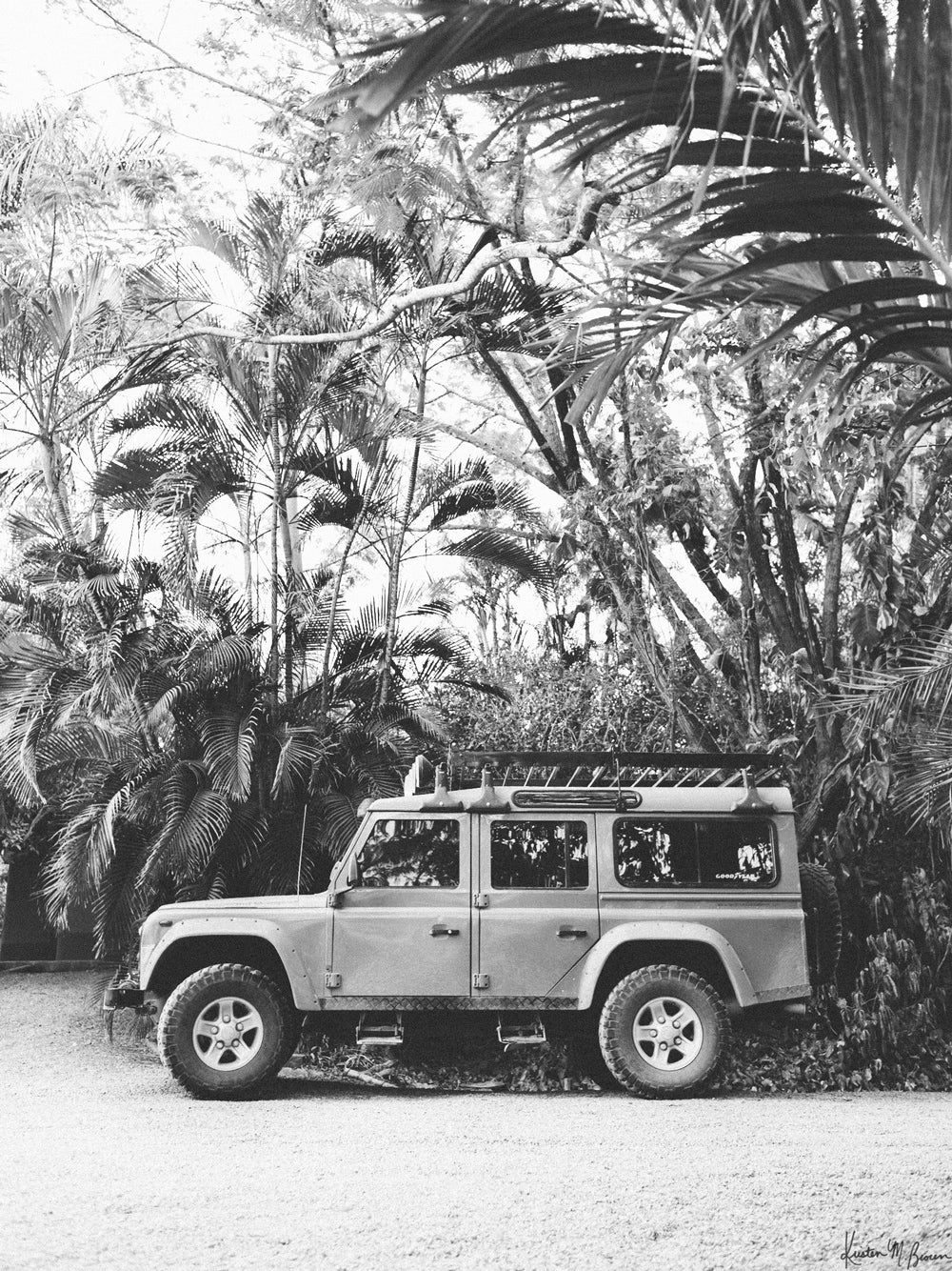 Because life is all about the magic in the detours and the beauty of taking time to explore bumpy, back road dirt roads in tropical paradise with Land Rover Defender just like this. &quot;Tropical Sleigh&quot; black and white Land Rover photo print photographed by Kristen M. Brown, Samba to the Sea for The Sunset Shop.