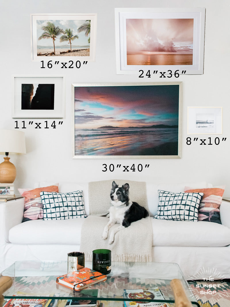 Wall art sizing above a couch. Sunset and beach print photos by Kristen M. Brown of Samba to the Sea for The Sunset Shop.