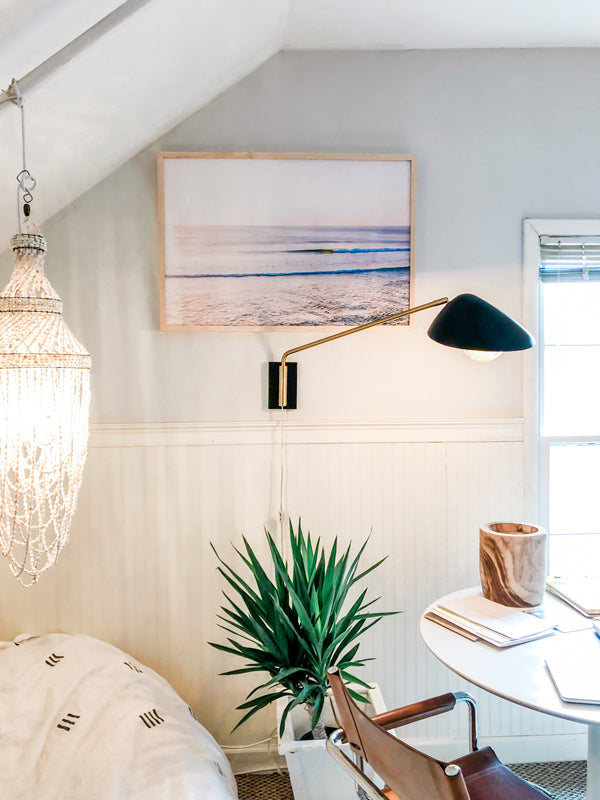 Aerial wave photo in a natural frame in a boho surf office. Golden turquoise wave breaking during golden hour in Costa Rica. "Wave Watch" aerial wave photo by Kristen M. Brown, Samba to the Sea for The Sunset Shop.