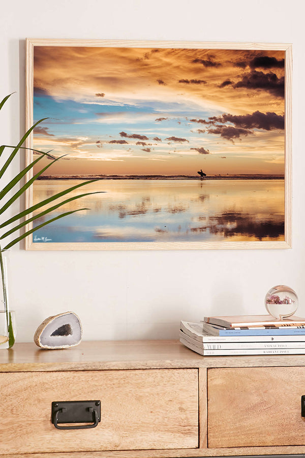 Framed sunset surf beach photo. Surfer walking on the beach during a beautiful sunset in Costa Rica. Sunset surfer print by Samba to the Sea at The Sunset Shop.