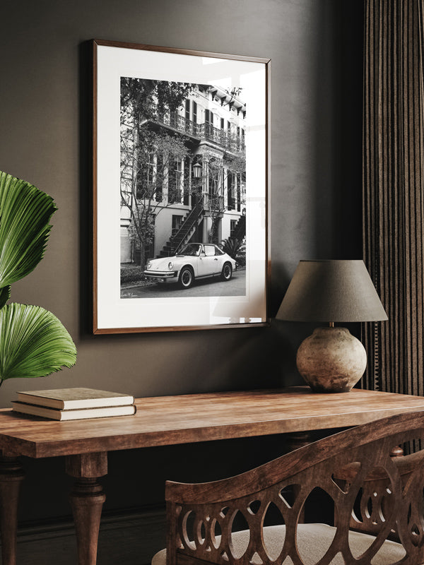 Porsche 911 parked in Savannah Georgia black and white photo print for your home office. "911 Porsche in 912 Savannah" B&W photo print by Kristen M. Brown of Samba to the Sea for The Sunset Shop.