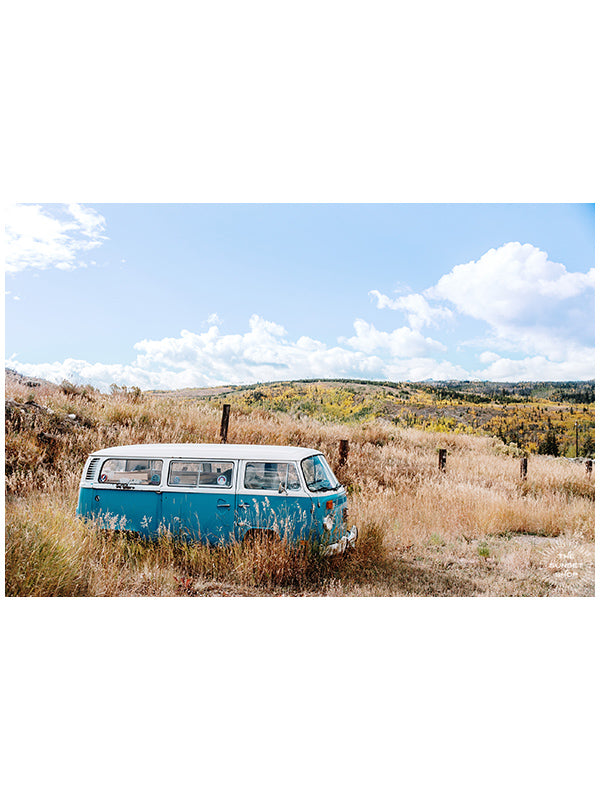 Beautiful turquoise VW bus framed with shimmering golden Aspens in Colorado. "Aspen Bus" photographed by Kristen M. Brown, Samba to the Sea for The Sunset Shop.