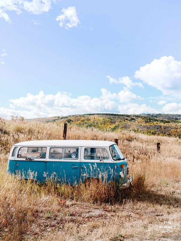 Beautiful turquoise VW bus framed with shimmering golden Aspens in Colorado. &quot;Aspen Bus&quot; photographed by Kristen M. Brown, Samba to the Sea for The Sunset Shop.