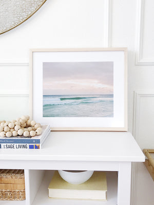 Sunset beach fine art print styled by Jane at Home. Beautiful pastel pink sunset in Watercolor Florida. Photograph by Samba to the Sea for The Sunset Shop, framed by Art to Frames.