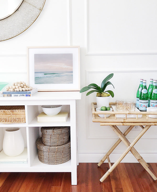 Sunset beach fine art print styled by Jane at Home. Beautiful pastel pink sunset in Watercolor Florida. Photograph by Samba to the Sea for The Sunset Shop, framed by Art to Frames.