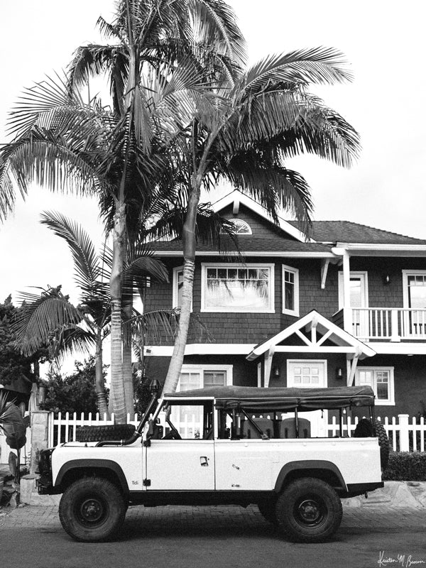 &quot;Beacon Rover&quot; black and white Land Rover Defender Tdi Southern California photo print by Kristen M. Brown of Samba to the Sea for The Sunset Shop.