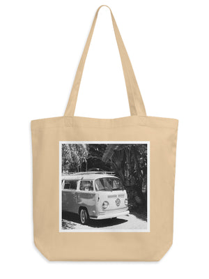 Organic cotton eco friendly photo tote of vintage VW Bus. Carry your stuff and show off your style with your eye for beautiful photography - yes please! This spacious tote fits your favorite Saturday market goodies, your surf / beach day gear, and so much more. Available at The Sunset Shop.