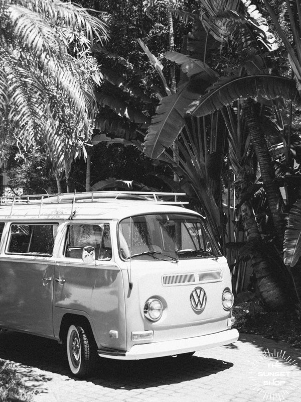 Because there's nothing that says carefree summer beach days more than a VW Bus! So what are you waiting for? Hop on in to the Biscayne Bus and let's roll down to the beach! Vintage VW Bus B&W tropical photo print "Biscayne Bus" photographed by Kristen M. Brown of Samba to the Sea for The Sunset Shop.