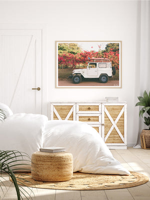 Tropical neutral bedroom with vintage Land Cruiser and surfboard  photo print.  "Blooming and Cruising" photo print of vintage Toyota FJ40 Land Cruiser racked up with surfboards among vibrantly blooming Bougainvillea flowers in Costa Rica. Photographed by Costa Rica photographer Kristen M. Brown of Samba to the Sea for The Sunset Shop.