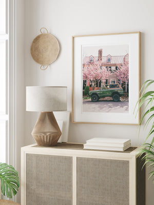 Vintage Ford Bronco wall art in tropical neutral room. So what are you waiting for? Hop on in city slicker and let's take a spring road trip to the beach! Welcome back to your beach roadtrip daydreams, all from the comfort of your home...wherever that home may be with this photo print "Bronco Blossoms". Photographed by Kristen M. Brown of Samba to the Sea for The Sunset Shop.