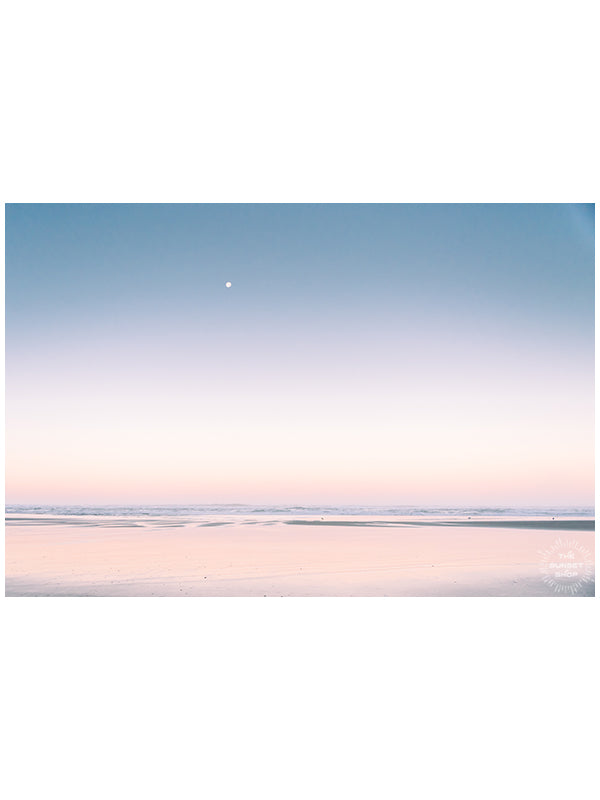 "Daydreaming" pastel sunrise full moon photo on the Oregon Coast by Kristen M. Brown of Samba to the Sea for The Sunset Shop.