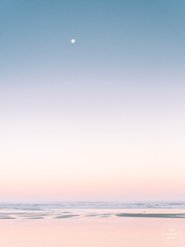 &quot;Daydreaming&quot; pastel sunrise full moon photo on the Oregon Coast by Kristen M. Brown of Samba to the Sea for The Sunset Shop.