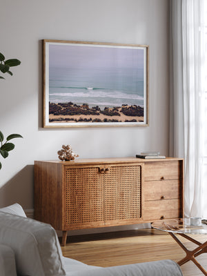 "Del Mar Dreaming" photo print of wave breaking in the hazy early morning marine layer in Del Mar, CA by Kristen M. Brown of Samba to the Sea for The Sunset Shop. Ocean photo print in coastal living room.