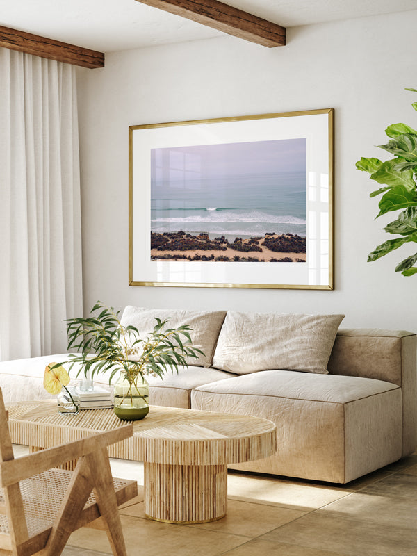 &quot;Del Mar Dreaming&quot; photo print of wave breaking in the hazy early morning marine layer in Del Mar, CA by Kristen M. Brown of Samba to the Sea for The Sunset Shop. Ocean photo print in boho modern coastal living room.