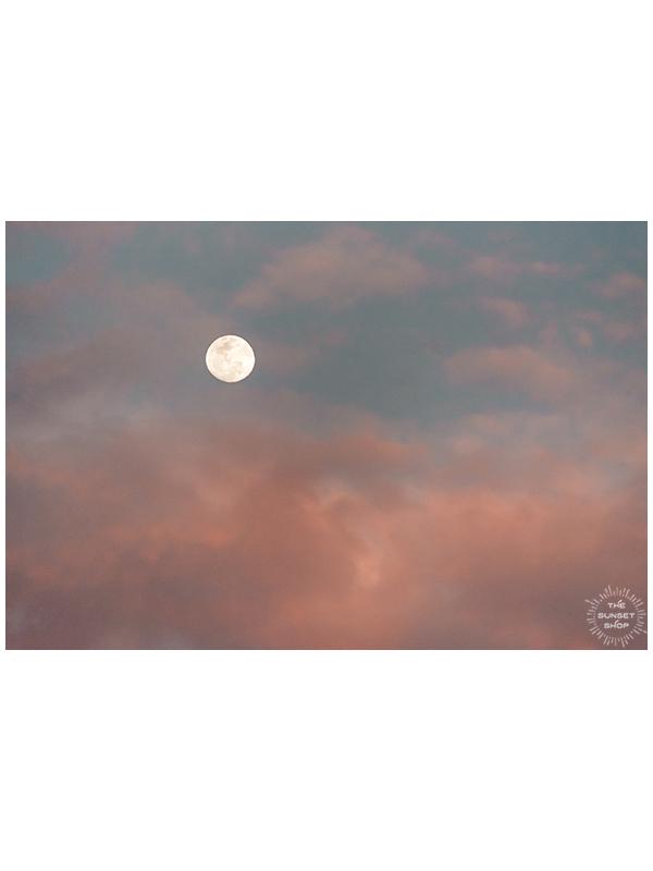 Full Moon during a pastel pink sunset in Costa Rica. Photographed by Kristen M. Brown of Samba to the Sea, The Sunset Shop.