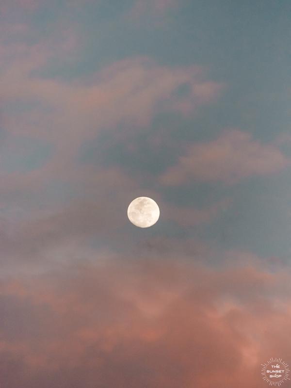 Full Moon during a pastel pink sunset in Costa Rica. Photographed by Kristen M. Brown of Samba to the Sea, The Sunset Shop.