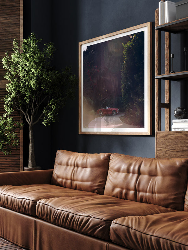 Classic sports car Austin Healey photo print for your home library man cave. "Furia Roja - Red Fury" classic sports car wall art by Kristen M. Brown of Samba to the Sea for The Sunset Shop.