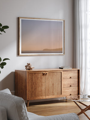 Golden glow sunset over Point Dume in Malibu, CA photo print by Kristen M. Brown of Samba to the Sea for The Sunset Shop. Sunset photo print in neutral coastal living room.