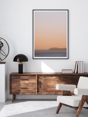 “Golden Bu” golden glow sunset over Point Dume in Malibu, CA photo print by Kristen M. Brown of Samba to the Sea for The Sunset Shop. Sunset photo print in modern coastal living room.