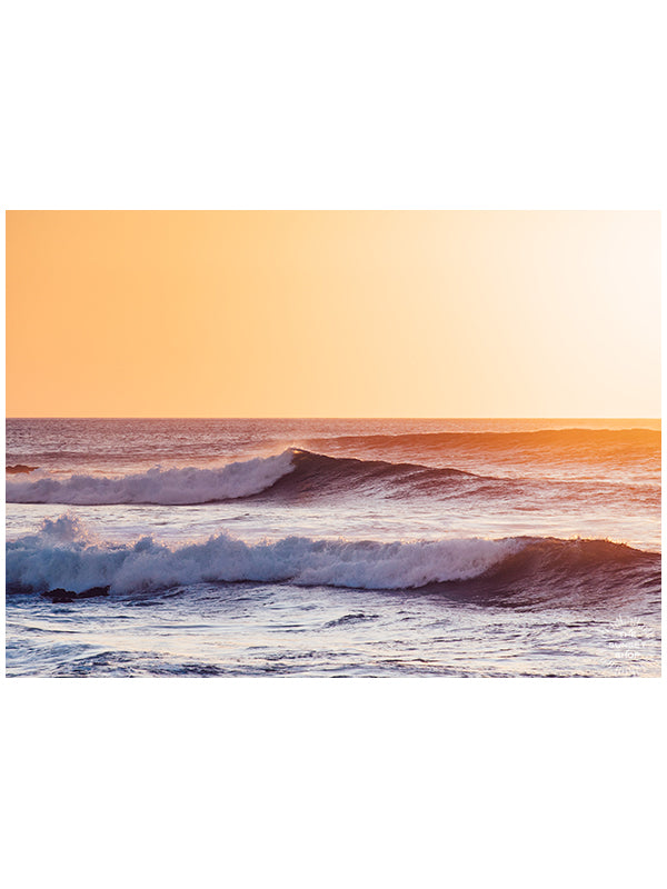 Golden sunset waves. Gone Surfing print by Samba to the Sea at The Sunset Shop. Image of breaking waves during a golden sunset in Costa Rica. 