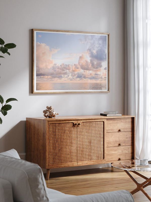 Living room wall art of a pastel pink sunrise photography print in Key Biscayne Florida. Photographed by Kristen M. Brown of Samba to the Sea at The Sunset Shop.