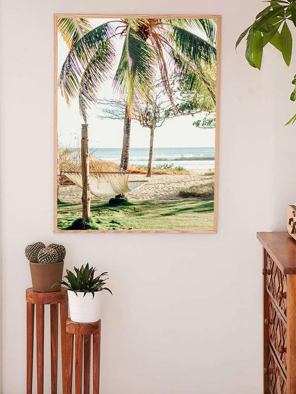 Ocean view hammock under palm trees in Costa Rica. Beach print at The Sunset Shop by Samba to the Sea.