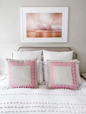 Aerial sunset ocean print hanging above bed. If it requires bare feet, the beach and a magical sunset, your answer is always yes. Instantly transport yourself to summertime at the beach with this breathtaking sunset with the suns rays breaking through the clouds in Costa Rica. Photo by Kristen M. Brown, Samba to the Sea for The Sunset Shop.