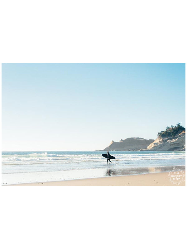 Surfer walking into the ocean in Pacific City, Oregon. Into the Blue surfer print by Kristen M. Brown, Samba to the Sea.