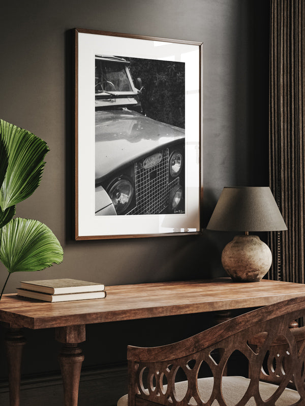 Vintage Land Rover black and white photo print for your home office. Welcome back to your adventure daydream, all from the comfort of your home...wherever home may be with "Landy Two”. Black and white photo print of Land Rover Series 2 by Kristen M. Brown of Samba to the Sea for The Sunset Shop.