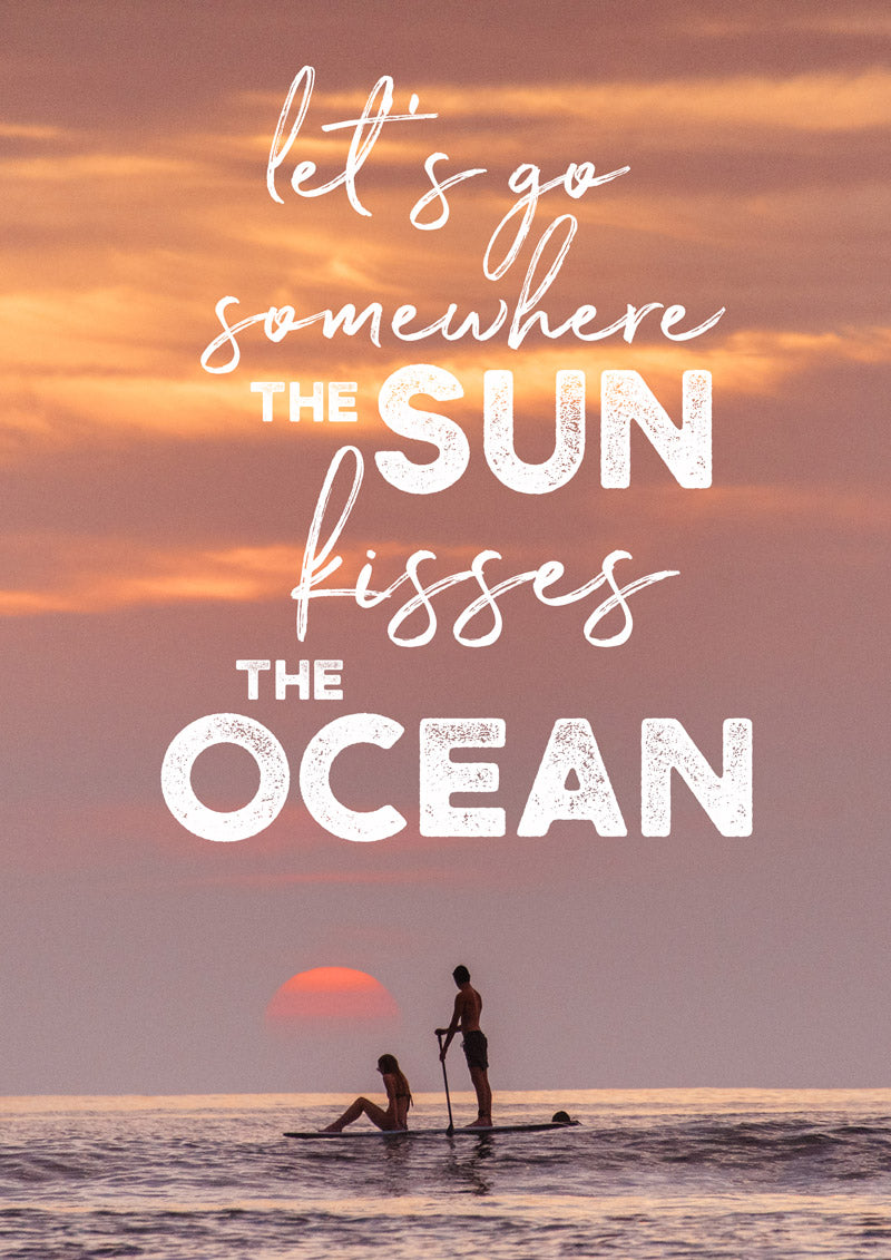 Let&#39;s go somewhere the sun kisses the ocean. Stand up paddle boarder couple watching sunset from the Pacific Ocean in Tamarindo Costa Rica. Photographed by Kristen M. Brown, Samba to the Sea for The Sunset Shop.