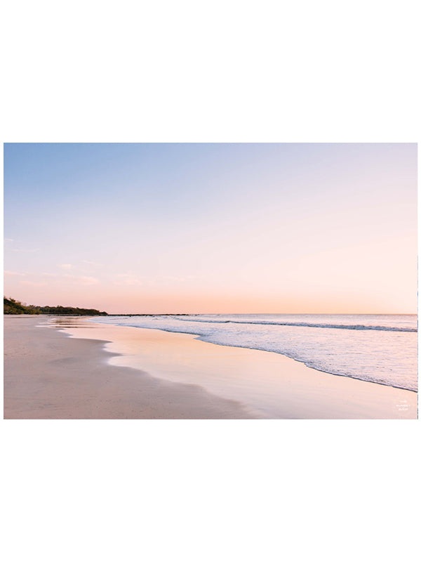 "Life's a Peach" beach sunset print by Samba to the Sea at The Sunset Shop. Image is a pastel peach sunset at the beach in Playa Langosta, Costa Rica.