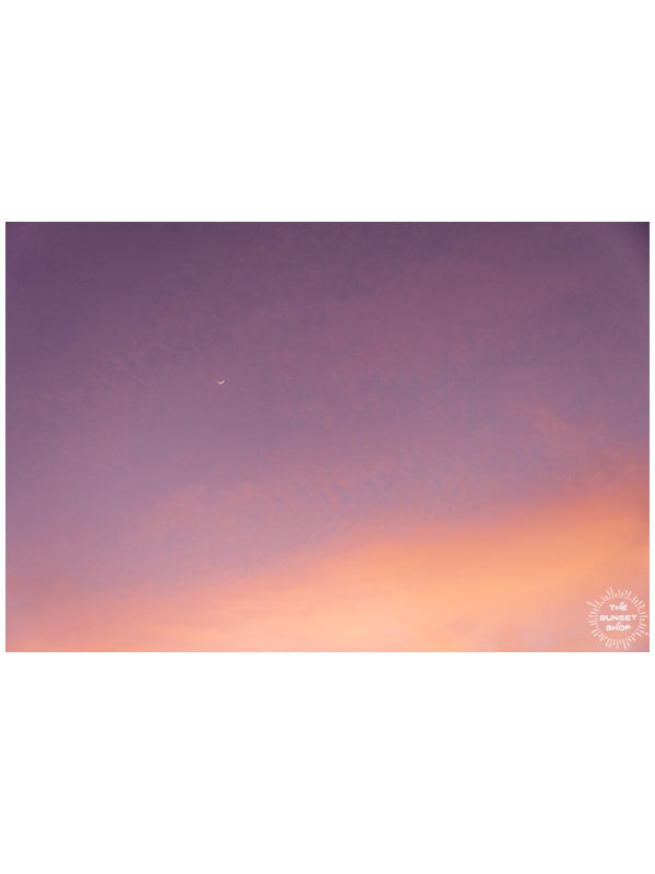 Crescent moon in a purple and rose gold pastel sunset sky in Tamarindo Costa Rica. Photo by Kristen M. Brown, Samba to the Sea at The Sunset Shop.
