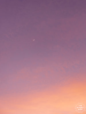 Crescent moon in a purple and rose gold pastel sunset sky in Tamarindo Costa Rica. Photo by Kristen M. Brown, Samba to the Sea at The Sunset Shop.