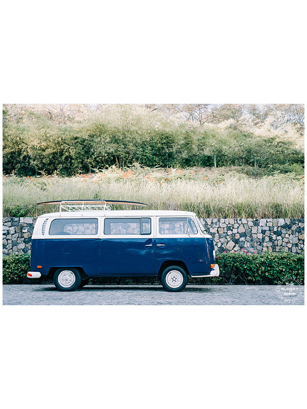 Life is simple - - surf 🏄🏼‍♀️ , jam 🎸, live life in a VW Van 🚌 . Channel those carefree, summertime beach days at home with this indigo blue surfer VW bus print in Costa Rica. "Magic Bus" photographed by Kristen M. Brown, Samba to the Sea for The Sunset Shop.