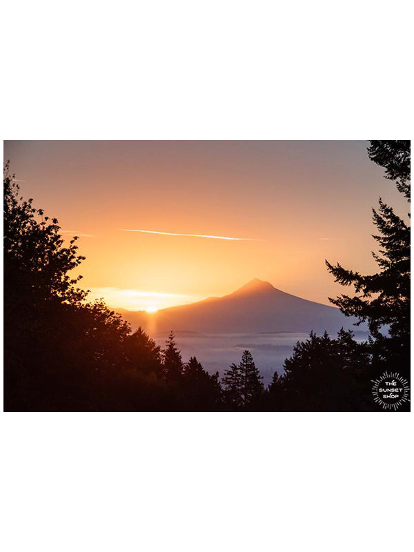 Golden sunrise over Mount Hood from downtown Portland, Oregon. &quot;Mountain Morning Greeting&quot; sunrise print by Kristen M. Brown, Samba to the Sea.