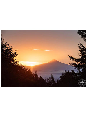 Golden sunrise over Mount Hood from downtown Portland, Oregon. "Mountain Morning Greeting" sunrise print by Kristen M. Brown, Samba to the Sea.