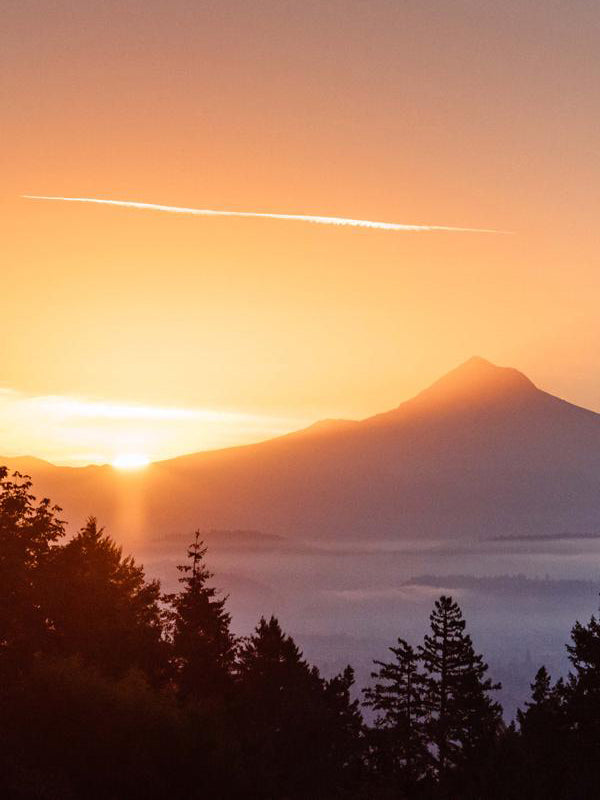 Golden sunrise over Mount Hood from downtown Portland, Oregon. "Mountain Morning Greeting" sunrise print by Kristen M. Brown, Samba to the Sea.