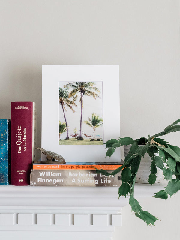 Hammocks under palm trees with an ocean view in Costa Rica. No Palm-blems matted photo print at The Sunset Shop by Kristen M. Brown, Samba to the Sea.
