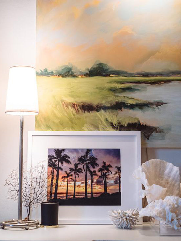 Coastal decor with coral, marsh painting and a sunset palm tree print. Palm Tree sunset print Ocean Grown. By Samba to the Sea for The Sunset Shop.