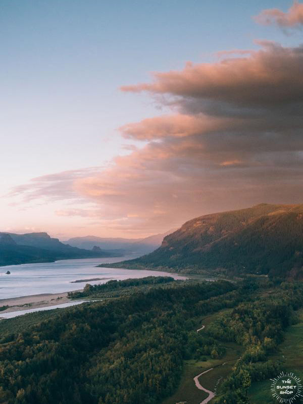  Pastel pink sunset sky over the Columbia Rive Gorge in Oregon. Sunset sky over Hood River in Oregon. "Oregon Gorgeous" pastel sunset print by Kristen M. Brown, Samba to the Sea.