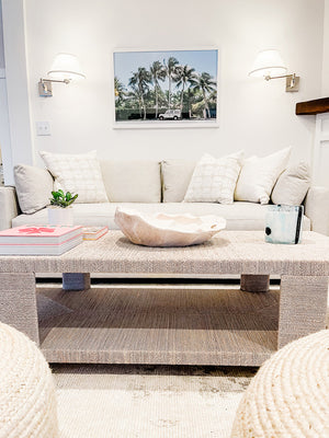 Land Rover and palm trees photo print hanging in a neutral coastal beach home in New Jersey. Interior designed by Christina Kim Interior Design. Land Rover Palm Tree photo print "Palm Tree Nomad" photographed by Kristen M. Brown of Samba to the Sea for The Sunset Shop.