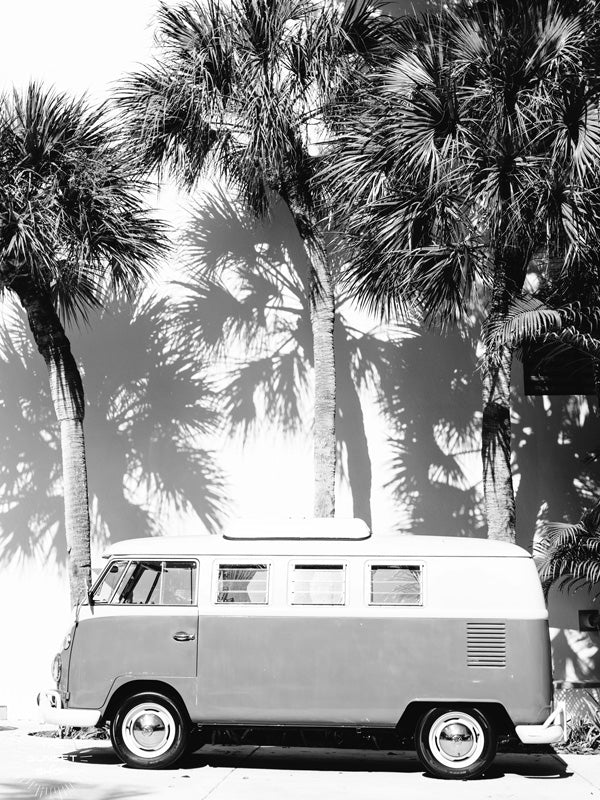 Life is simple - - surf 🏄🏼‍♀️ , jam 🎸, live life in a VW Van 🚌 . Channel those carefree, summertime vanlife beach days at home with this palm trees VW bus print.  Black & White VW bus wall art print "Palmetto Bus" perfectly parked under Palmetto palm trees in Miami. By Kristen M. Brown of Samba to the Sea for The Sunset Shop.
