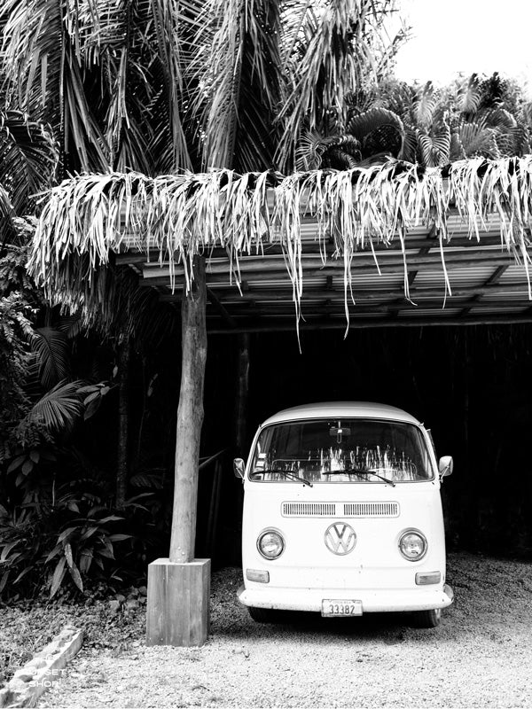 Life is simple - - surf 🏄🏼‍♀️ , jam 🎸, live life in a VW Van 🚌 . Channel those carefree, summertime vanlife beach days at home with this palm trees VW bus print.  Black & White VW bus wall art print White VW bus art print "Pura Vida Bus" photographed in Nosara, Costa Rica. By Kristen M. Brown of Samba to the Sea for The Sunset Shop.