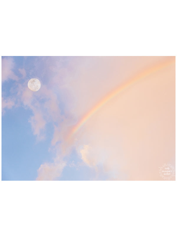 Moon setting in a sunrise rainbow sky in Costa Rica. Photographed by Kristen M. Brown of Samba to the Sea for The Sunset Shop.