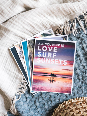 "Love, Surf, Sunsets" Costa Rica postcard. What's better than a text message from a loved one? Happy mail from a loved one! 📫💌 Grab this dreamy set of five postcards printed on 100% recycled card stock and start sending (or leaving in their bag!) some happy mail postcards to your mom, boyfriend/wife/significant other, best friend...and of course your grandma! By Kristen M. Brown, Samba to the Sea for The Sunset Shop.