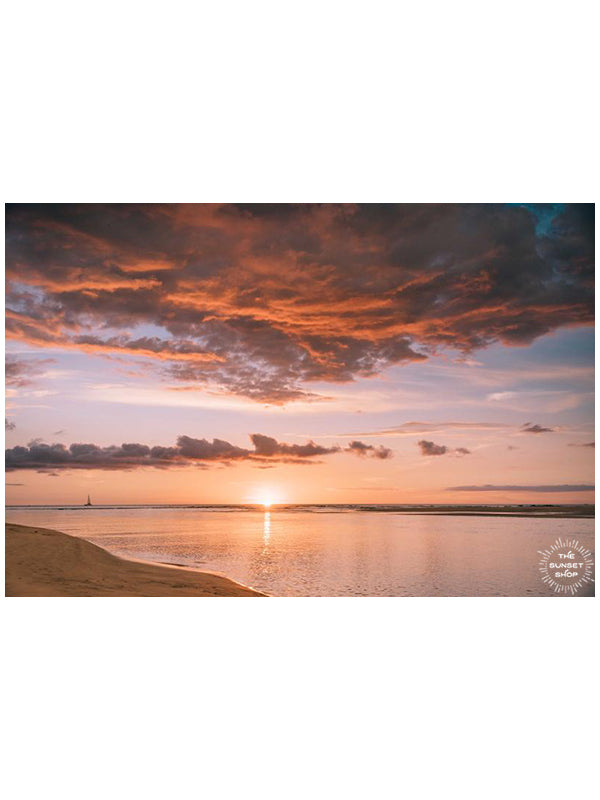 Sunset sky in Costa Rica with sailboat sailing on the horizon. &quot;Rhiannon&quot; sunset print by Samba to the Sea at The Sunset Shop. 