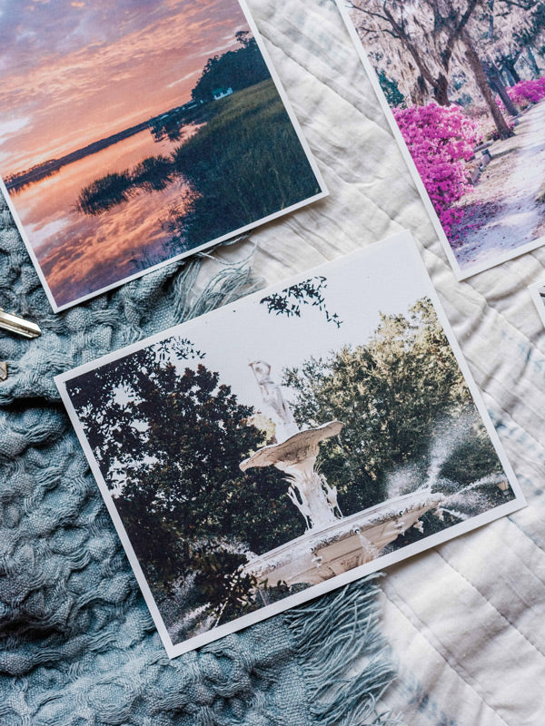 Forsyth Fountain Savannah postcard. Printed on 100% recycled paper. Photographed by Savannah photographer Kristen M. Brown of Samba to the Sea for The Sunset Shop.